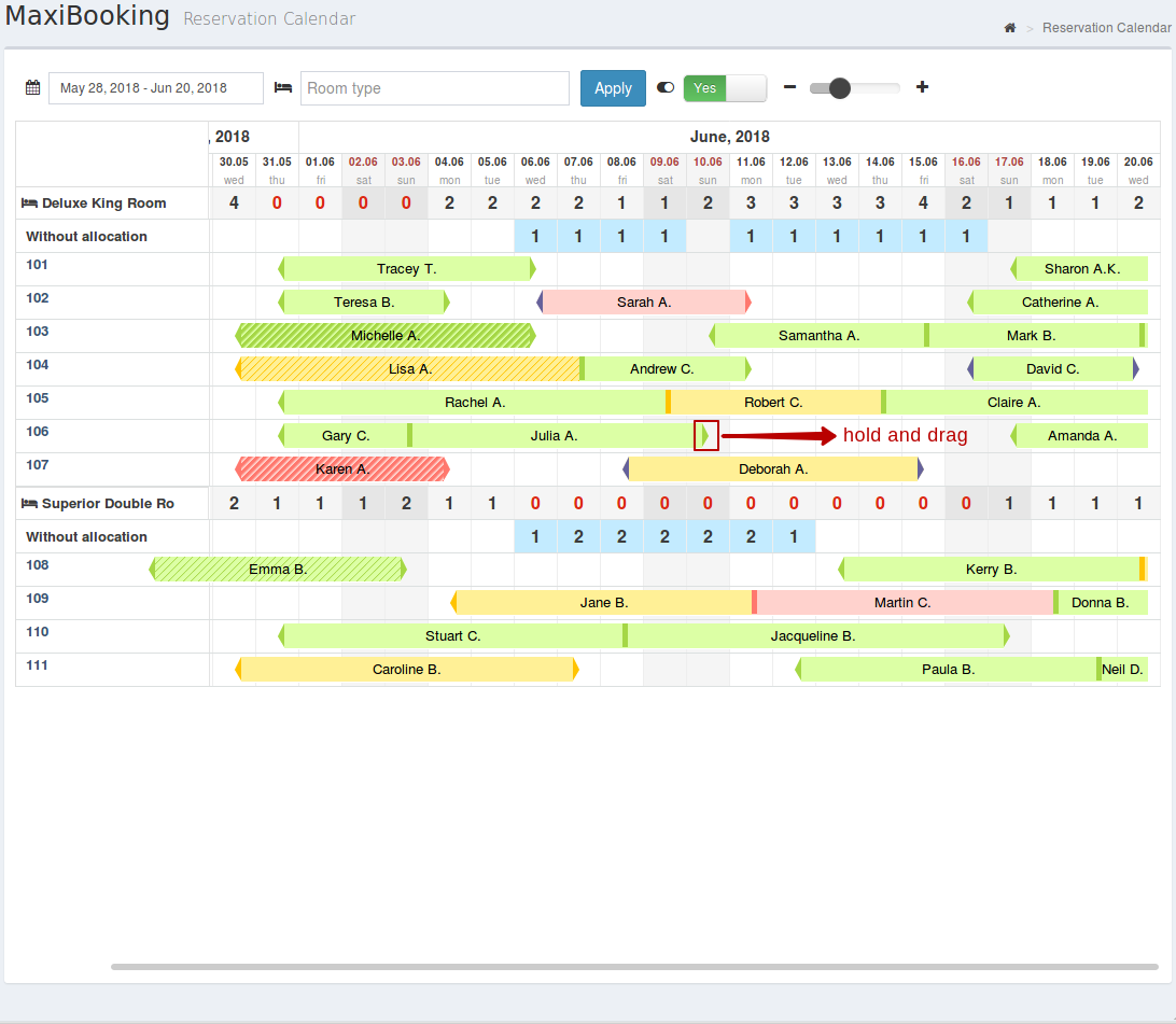 Calendar functionality MaxiBooking